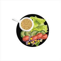 Illustration of fast food. illustration of a plate with a plate of salad and soup, sausages and mustard. Set of healthy food illustration design element vector