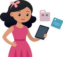 Cute cartoon girl with tablet and floating app icons isolated on white background vector