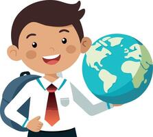Happy schoolboy with backpack holding globe, representing global education and knowledge vector