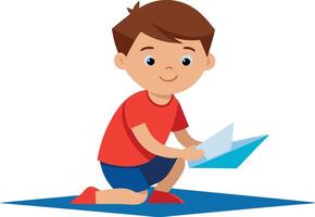 Happy boy playing with paper airplane on the floor. Child enjoying creative playtime. vector