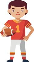 Cartoon football player in red uniform holding ball and smiling on white background vector