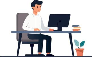 Young man working at a desk with computer and books in a modern office setting vector