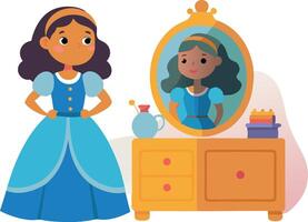 Illustration of girl standing in front of a mirror with reflection in elegant blue dress vector
