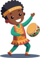Cute cartoon child with traditional drum celebrating cultural festival in vibrant attire vector