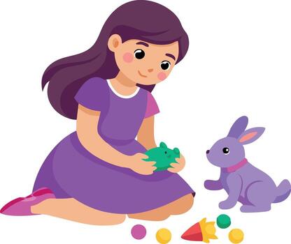 Illustration of a girl playing with a rabbit and toys in a playful and imaginative setting vector