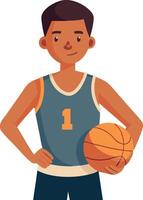 Illustration of a young basketball player holding a basketball in sports attire vector