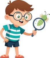 Curious boy examining insect with magnifying glass in hand drawn cartoon style. vector
