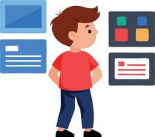 Illustration of a young boy interacting with educational app interface on a white background vector