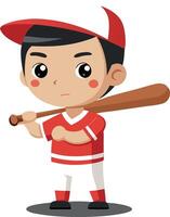 Cute cartoon boy playing baseball with bat and red uniform, isolated on white background vector