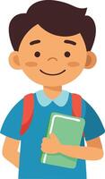 Smiling schoolboy with backpack holding a book on white background vector