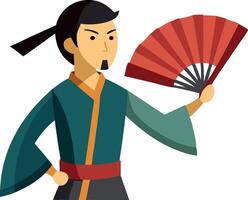 Samurai warrior holding traditional Japanese fan in flat design illustration vector