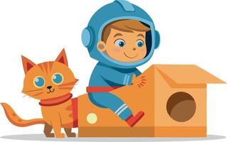 Cute child in astronaut costume playing with cardboard box and cat on white background vector
