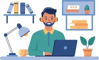 Man working remotely with laptop at home office, using headphones for communication vector