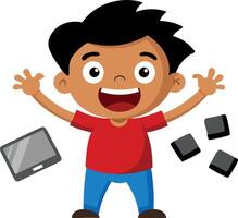 Happy cartoon boy playing with tablet and blocks illustration vector