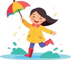 Happy child playing in the rain with an umbrella and jumping in a puddle vector