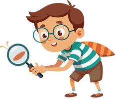 Curious boy with magnifying glass exploring nature and insects on white background vector