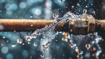 Burst water pipe against dark background photo