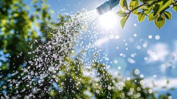 Water droplets spraying from garden hose sunny backdrop photo