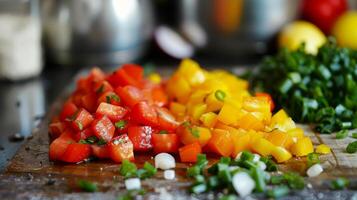 Chopped vegetables on cutting board photo