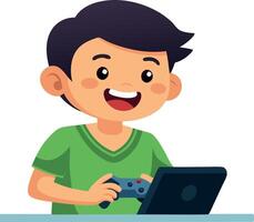 Happy boy playing game on console with a cheerful expression vector