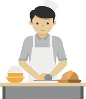 Illustration of a baker in a white apron preparing dough in a bakery setting vector