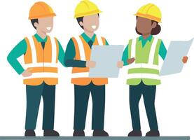 Group of construction workers reviewing blueprints and discussing project plans on site vector