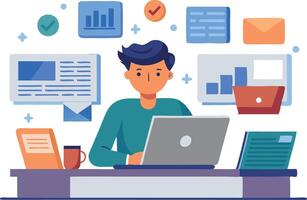 Young man working on a laptop at his desk with business charts and documents around vector