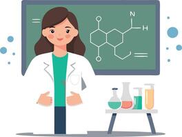 Friendly female scientist in lab coat standing by a blackboard with chemical formulas vector