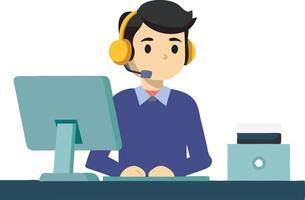Customer service representative with headset working at desk, illustration vector