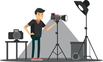 Photographer setting up studio lights for a photo shoot with camera equipment vector