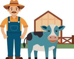 Cartoon farmer and cow illustration with barn background depicting rural farm life vector
