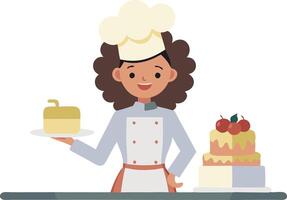 Smiling female baker holding a cake next to a decorated cake on a counter vector