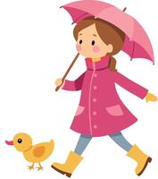 Illustration of a girl walking with an umbrella and a duck on a rainy day vector