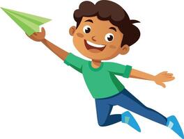 Boy in green shirt flying paper airplane, joyful play illustration vector