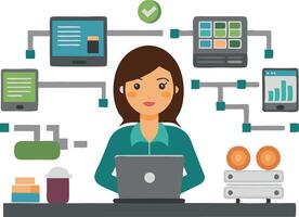 Businesswoman working on laptop with data analytics and project management illustrations vector