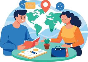 Business meeting with man and woman discussing global strategy with world map vector