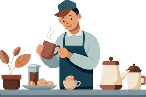 Barista pouring coffee in a cozy cafe setting with plants and pastries on the counter vector