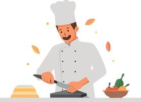 Chef preparing food on a cutting board in a kitchen with fresh ingredients vector