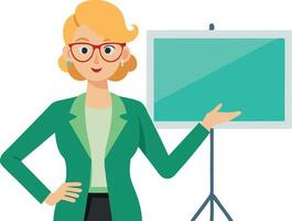 Businesswoman cartoon character presenting information with blank whiteboard vector