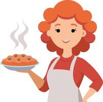 Cheerful woman holding a freshly baked pie illustration vector