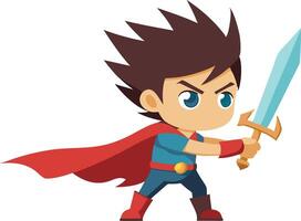 Cartoon hero boy with sword and red cape ready for battle in a fantasy adventure vector