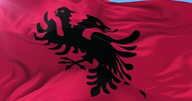 Albanian flag waving at wind with blue sky, loop video