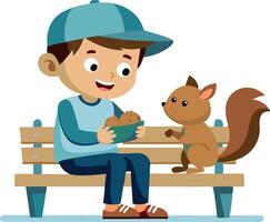 Illustration of a boy feeding a squirrel on a park bench vector