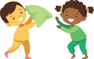 Two children are playing with a green pillow vector