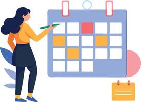 Woman organizing schedule on large calendar, planning events and deadlines vector