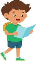 Boy with backpack and map, confidently exploring and navigating vector