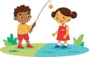 A boy and a girl are playing with a fishing pole and a ball vector