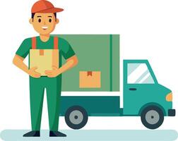 Smiling delivery man holding package with truck in background. Concept of shipping, logistics, and courier service vector