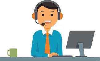Illustration of a happy customer service representative at work on a desktop computer vector