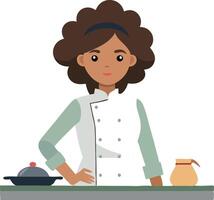 Illustration of a female chef standing at the counter with a dish and teapot vector